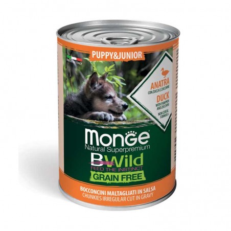 Monge BWild Puppy & Junior begrūdžiai konservai su antiena, moliūgais ir cukunijomis šuniukams, 6 x 400 g