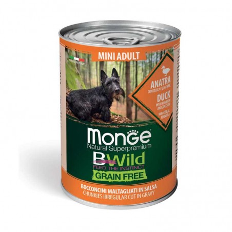 Monge BWild Mini Adult begrūdžiai konservai su antiena, moliūgais ir cukunijomis šunims, 6 x 400 g