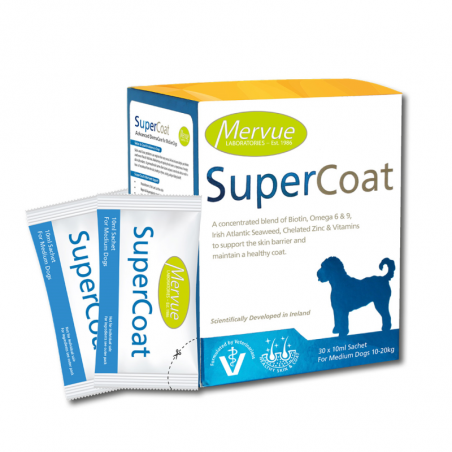 Mervue SuperCoat papildai kailiui ir odai vidutinėms šunų veislėms, 10 ml x 30
