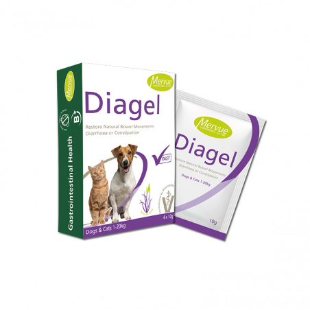 Mervue Diagel papildas nuo viduriavimo arba vidurių konstipacijos katėms ir šunims, 10 g x 4