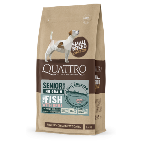 Quattro Small breed Senior and Diet sausas begrūdis maistas šunims su balta žuvimi