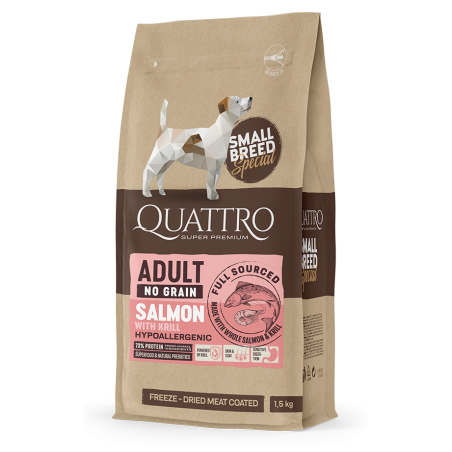 Quattro Small Breed Adult sausas begrūdis hipoalergenis maistas šunims su lašiša ir kriliu