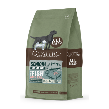 Quattro all breed senior and diet sausas begrūdis maistas šunims su balta žuvimi ir kriliu