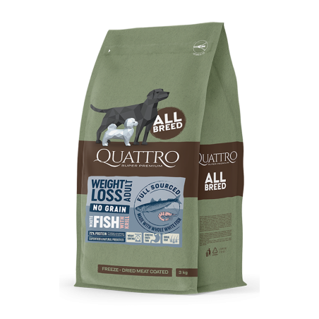 Quattro all breed weight loss sausas begrūdis maistas šunims su balta žuvimi ir kriliu