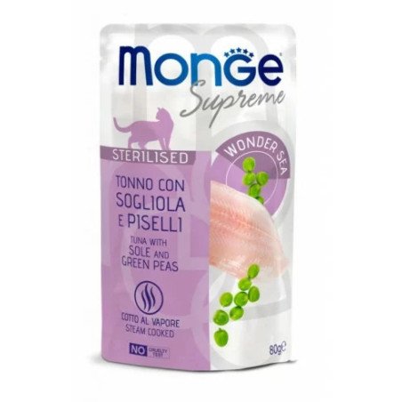Monge Supreme Sterilised konservas sterilizuotoms katėms su tunu, jūrų liežuviu ir žaliaisiais žirneliais