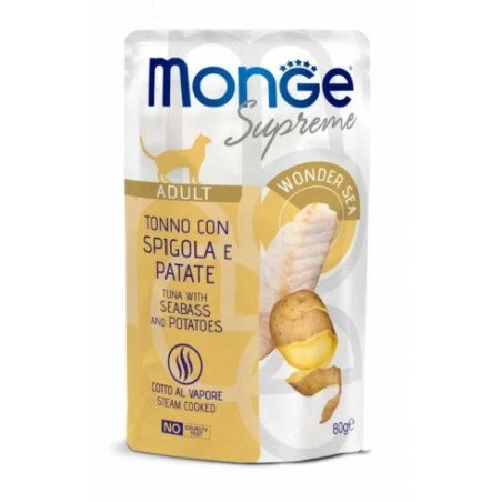 Monge Supreme Adult konservas suaugusioms katėms su tunu, jūrų ešeriu ir bulvėmis
