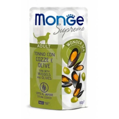 Monge Supreme Adult konservas suaugusioms katėms su tunu, midijomis ir alyvuogėmis
