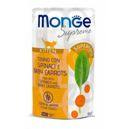 Monge Supreme Kitten konservas kačiukams su tunu, špinatais ir jaunomis morkytėmis