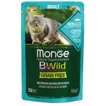 Monge BWild konservas suaugusioms katėms su menke, krevetėmis ir daržovėmis