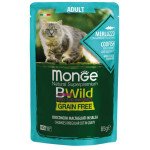 Monge BWild konservas suaugusioms katėms su menke, krevetėmis ir daržovėmis