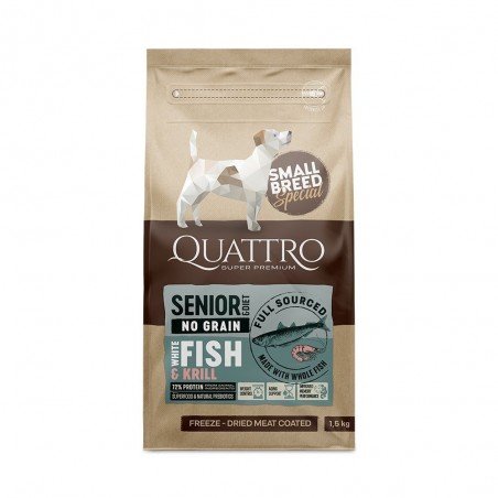 Quattro Small breed Senior and Diet sausas begrūdis maistas šunims su balta žuvimi