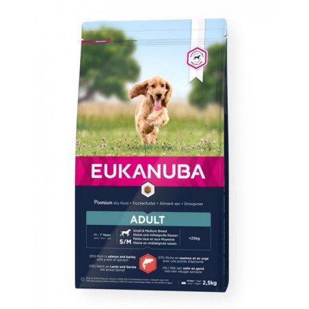 Eukanuba Adult small and medium Breed Salmon & Barley sausas maistas mažų ir vidutinių veislių šunims su lašiša ir miežiais