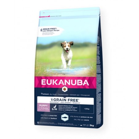 Eukanuba grain free puppy small medium breed ocean fish sausas begrūdis maistas šuniukams su žuvimi