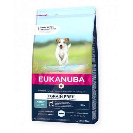 Eukanuba grain free adult small medium breed ocean fish sausas begrūdis maistas mažų ir vidutinių veislių šunims su žuvimi